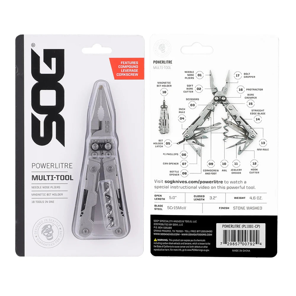 SOG PowerLitre 19 Functions Compact Multitool EDC 5 Inch Lightweight Stainless Steel Multifunctional Pliers W/ Folding Knife Wire Cutter Magnetic Bit Holder Corkscrew For Survival Hiking Home DIY Outdoor Emergency Repair Port