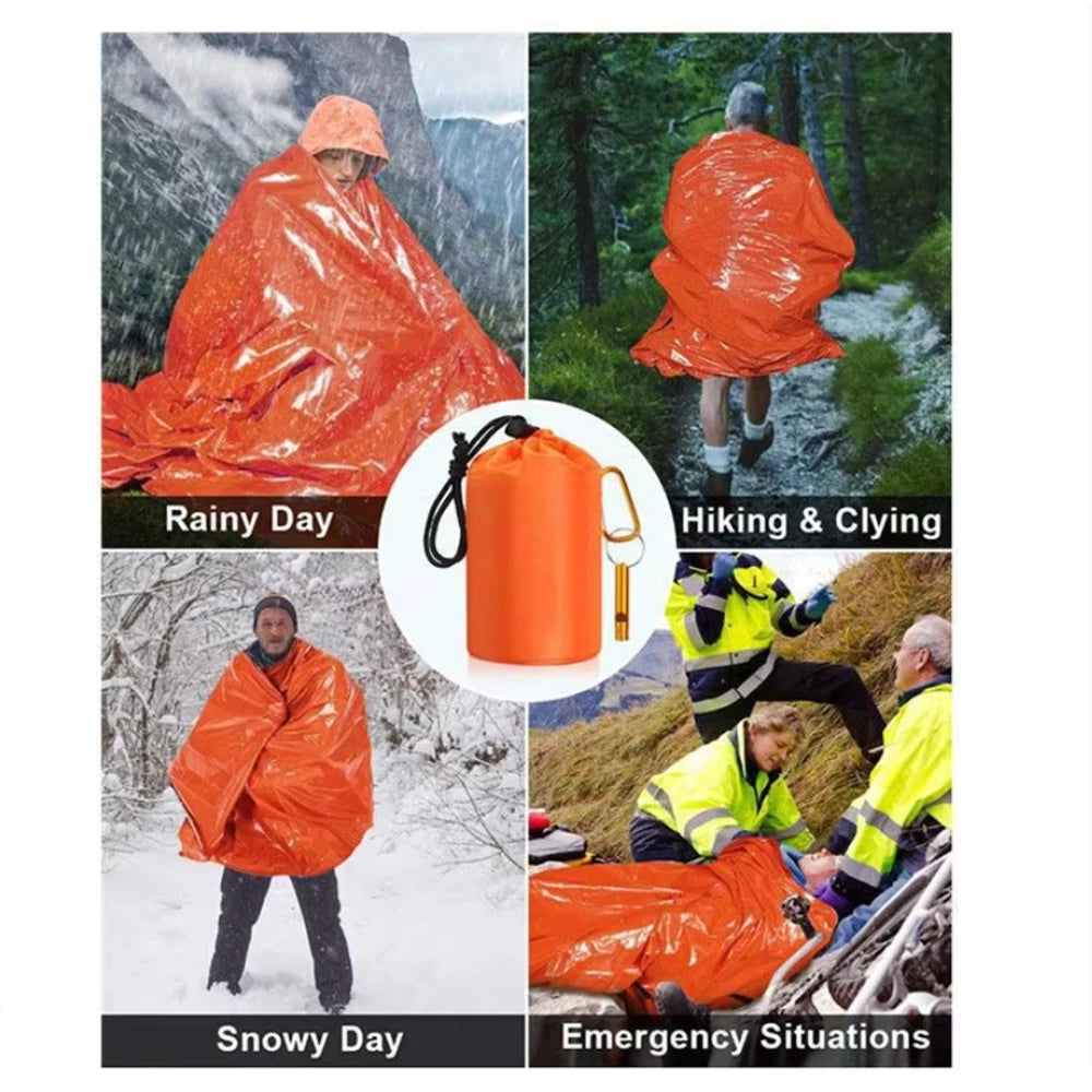 Outdoor Emergency Thermal Sleeping Bag PE Aluminized Film Survival Bivvy Windproof Heat Reflective Rescue Blanket with Whistle