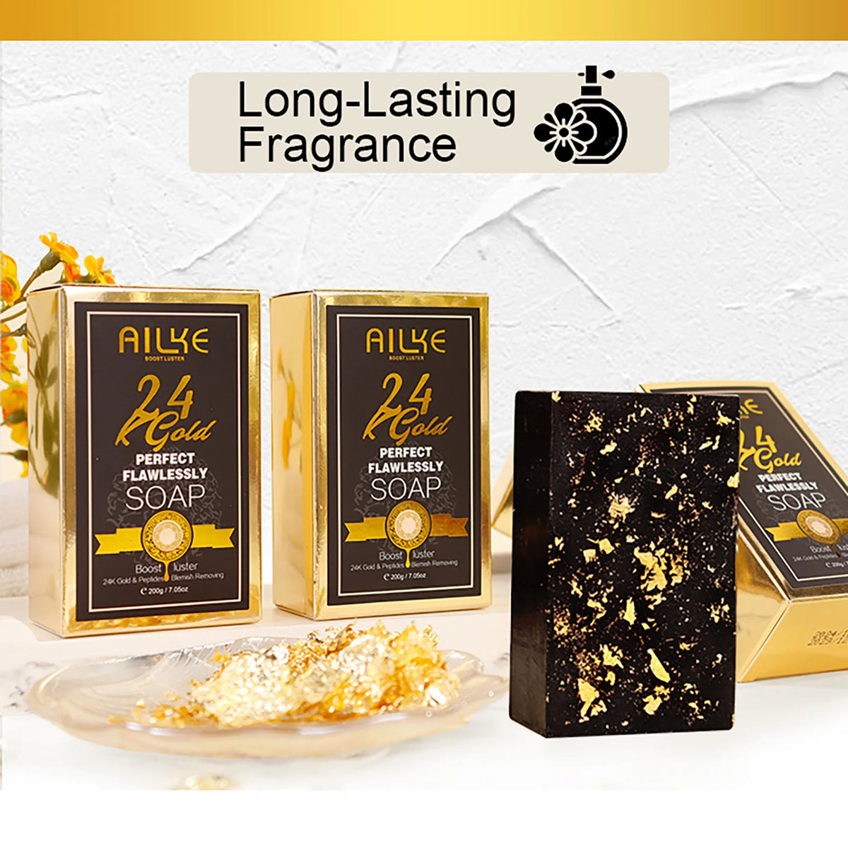 AILKE 24K Gold Foil Whitening Soap, Brightening, Even Skin Tone, Improve Skin Elasticity, Deeply Cleaning, Remove Spots, 200g