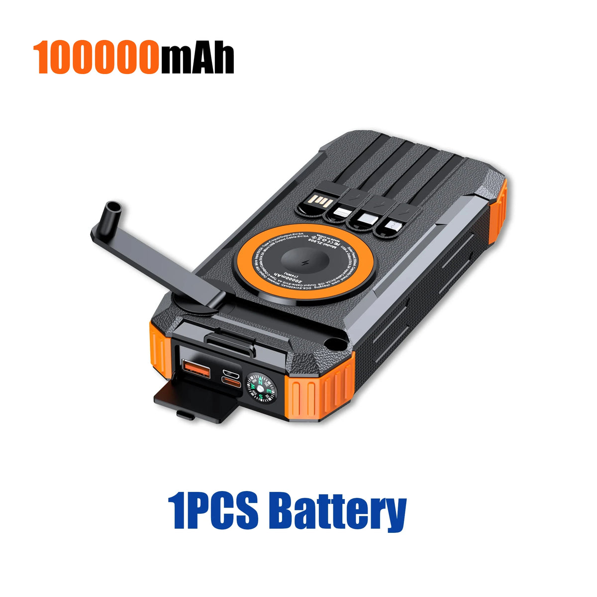 100000mAh Solar Hand Crank Power Bank, Magnetic Wireless Charger for iPhone/Watch/AirPods, LED Emergency Camping Gear