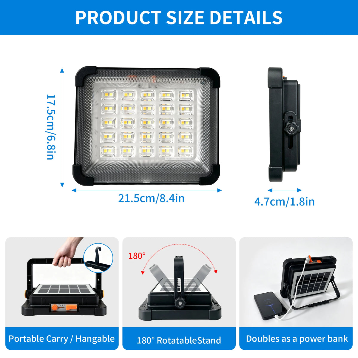 Outdoor Portable LED Solar Floodlight Rechargeable 500W Spotlight Lantern Suitable for Emergency Lighting Camping Searchlight