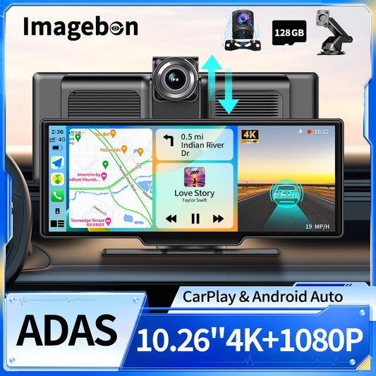 Imagebon 10.26" 4K ADAS Dashcam Wireless CarPlay & Android Auto GPS Navigation AI Voice Control Car DVR with 1080P Rearview Mirror Camera