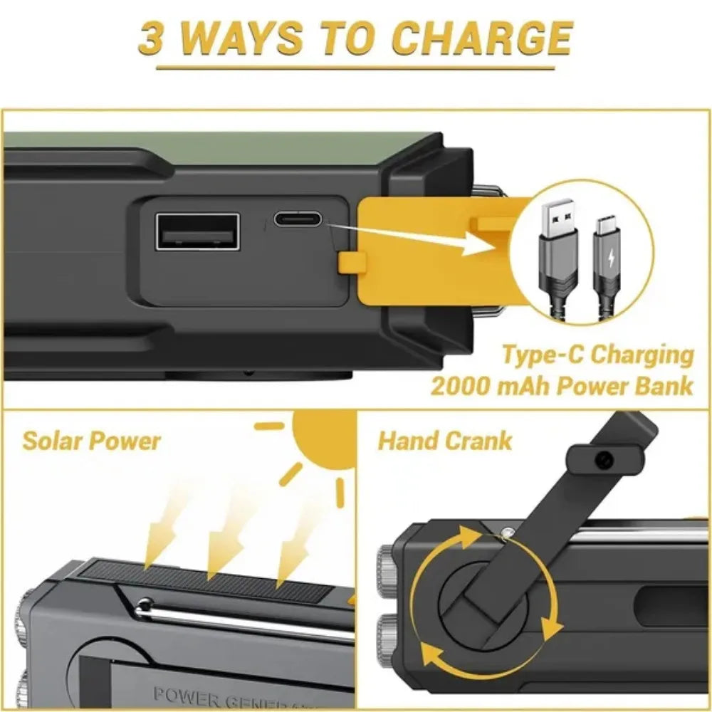 Emergency Solar Hand Crank Radio Multiband Digital Portable AM FM NOAA Weather Radio 2000mAh Power Bank Phone Charger LED Flashlight Torch Reading Light SOS Alarm Survival Gear for Camping Emergency Kit