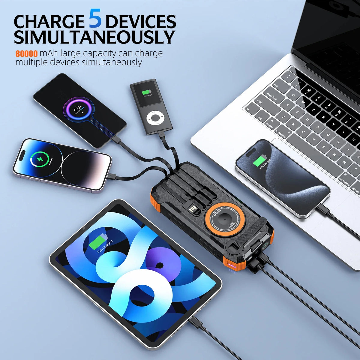 100000mAh Solar Hand Crank Power Bank, Magnetic Wireless Charger for iPhone/Watch/AirPods, LED Emergency Camping Gear