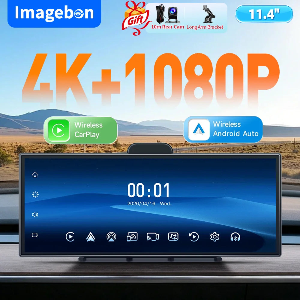 Imagebon 11.4" 4K Dash Camera Wireless CarPlay & Android Auto Display 5G WiFi Bluetooth GPS Navigation AI Voice Control Smart Screen DVR