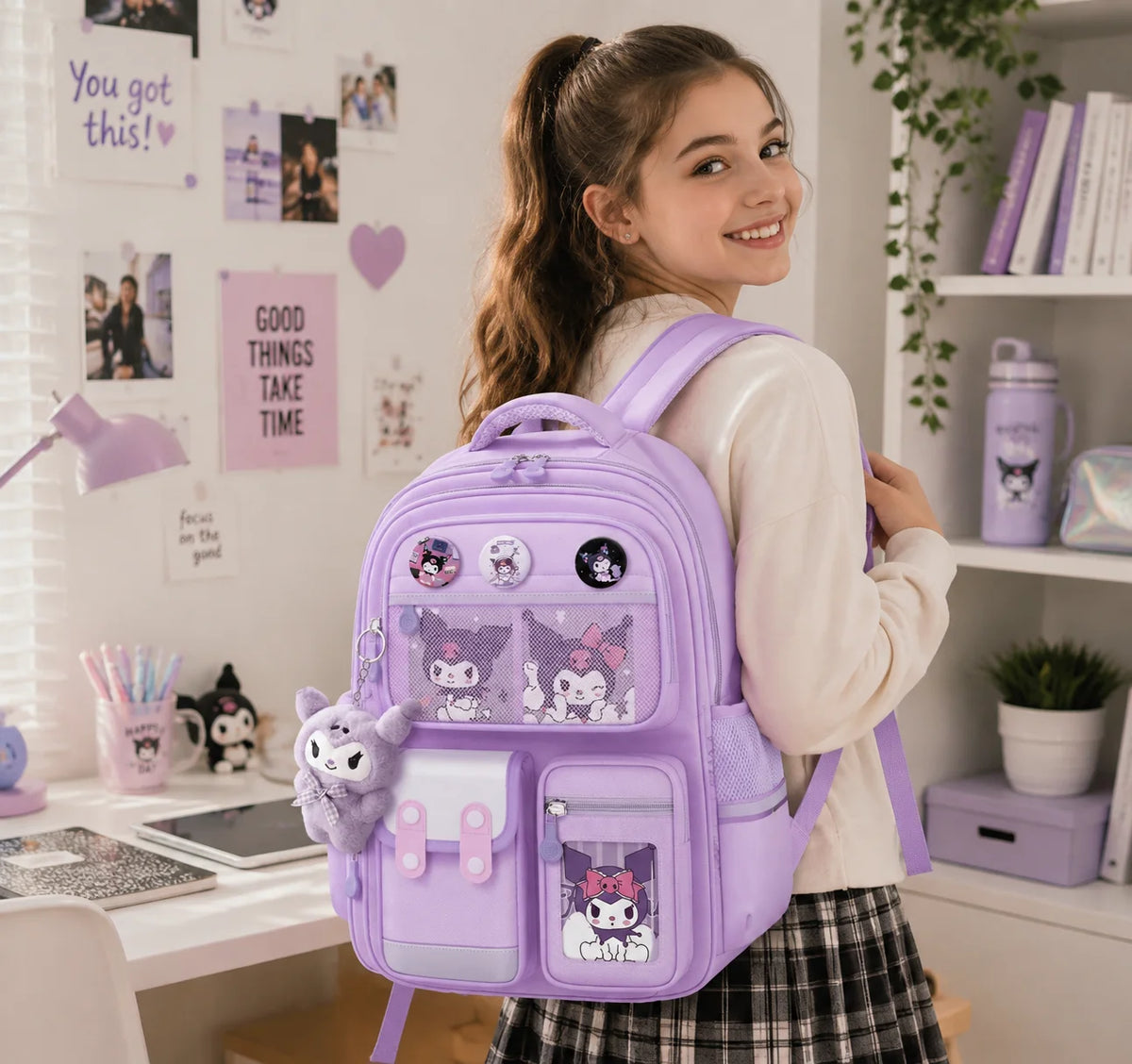 The Mesuca Kawaii Girls Backpack Cute Purple School Bag for Teens Aesthetic Bookbag with Plush Charm, Multi Pocket Lightweight Student Backpack for School Travel Daily Use