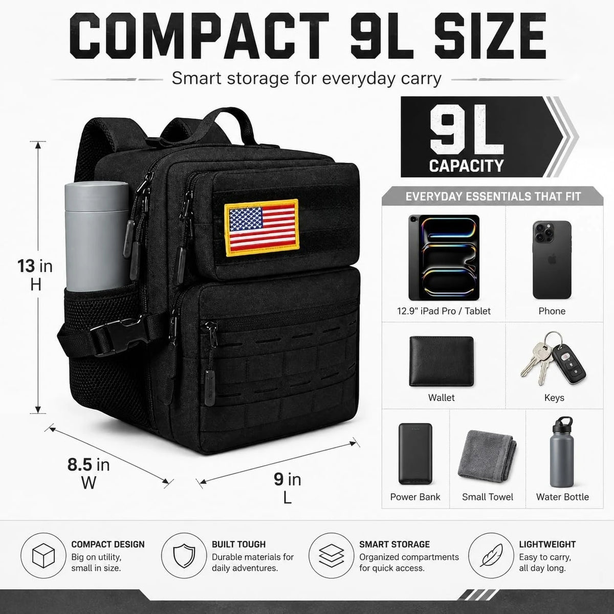 9L Mini Tactical Backpack Small Military Gym Bag Molle Daypack Camping Backpack with Patch