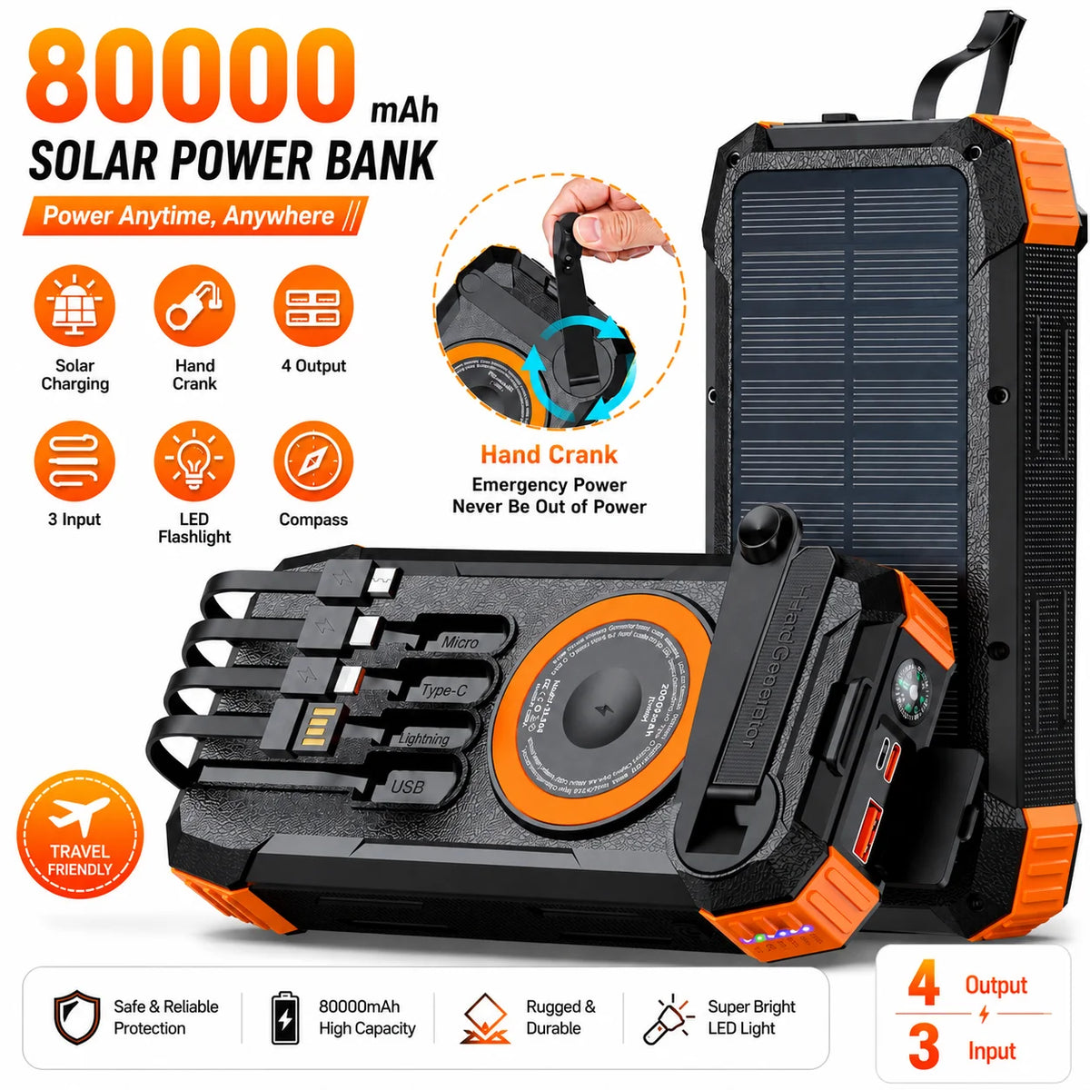 100000mAh Solar Hand Crank Power Bank, Magnetic Wireless Charger for iPhone/Watch/AirPods, LED Emergency Camping Gear