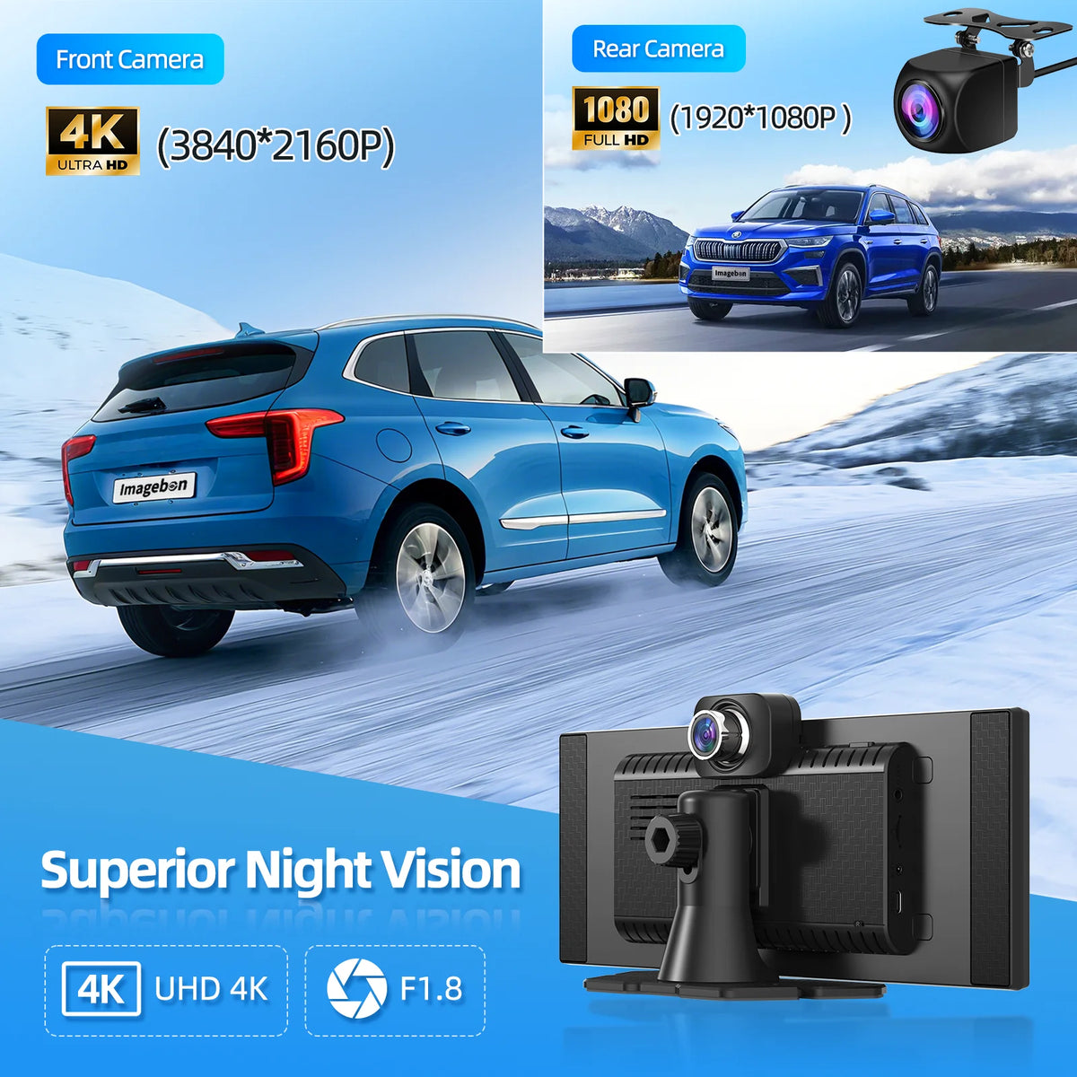 Imagebon 11.4" 4K Dash Camera Wireless CarPlay & Android Auto Display 5G WiFi Bluetooth GPS Navigation AI Voice Control Smart Screen DVR