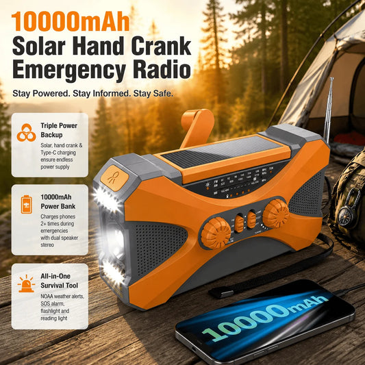 Emergency Radio Solar Hand Crank Radio 10000mAh Power Bank NOAA Weather Radio Survival Gear Camping Radio With Am Fm Dual Speaker Stereo Led Flashlight Triple Power Backup Portable Battery Charger Usb C For Outdoor Hiking Hom