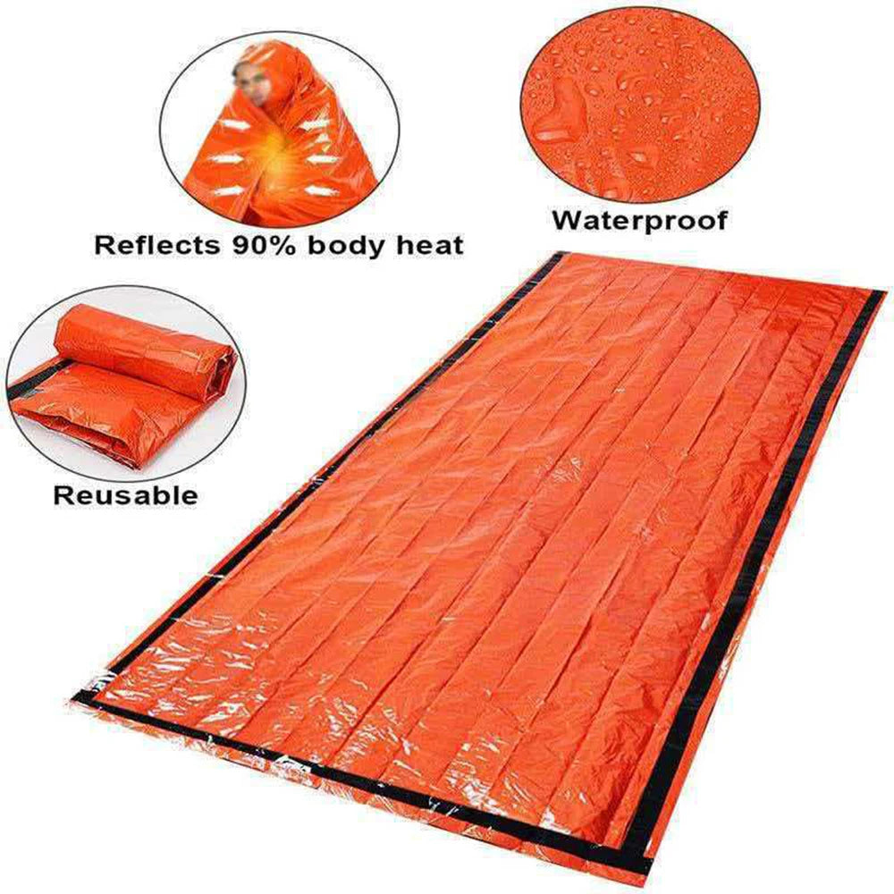 Outdoor Emergency Thermal Sleeping Bag PE Aluminized Film Survival Bivvy Windproof Heat Reflective Rescue Blanket with Whistle