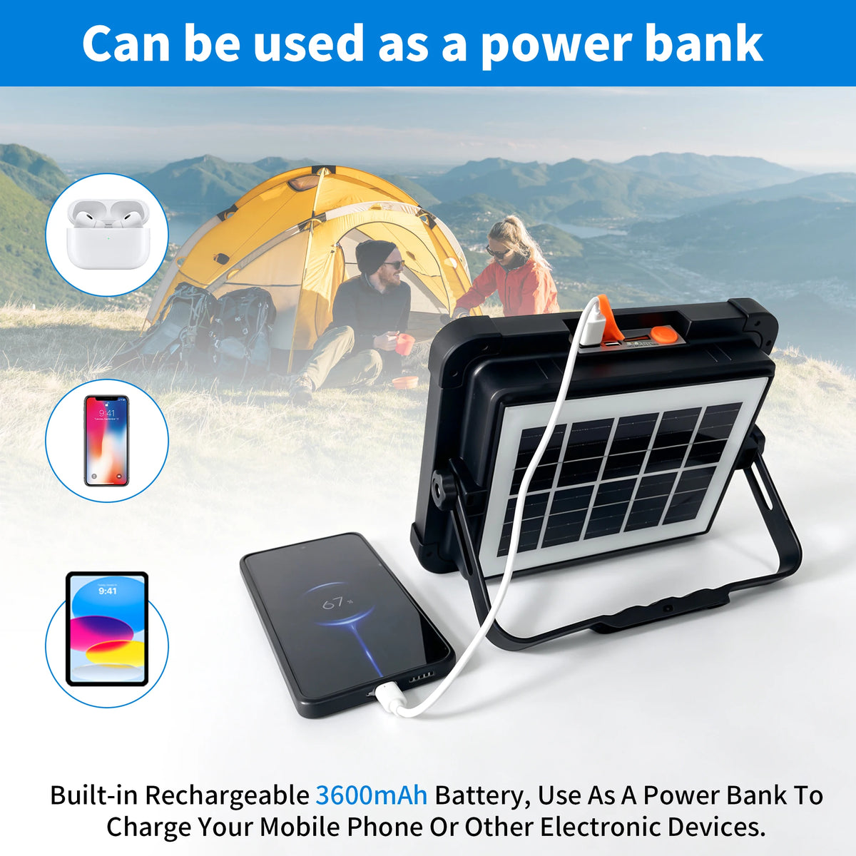 Outdoor Portable LED Solar Floodlight Rechargeable 500W Spotlight Lantern Suitable for Emergency Lighting Camping Searchlight