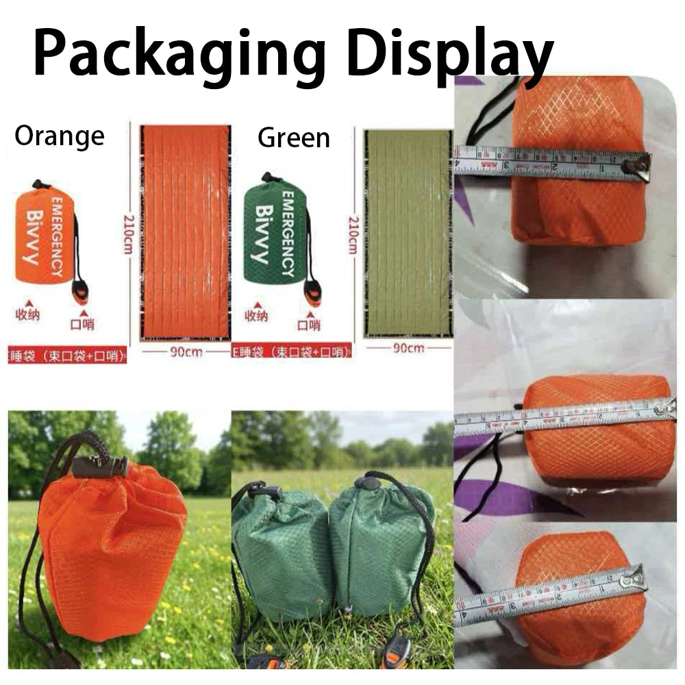 Outdoor Emergency Thermal Sleeping Bag PE Aluminized Film Survival Bivvy Windproof Heat Reflective Rescue Blanket with Whistle