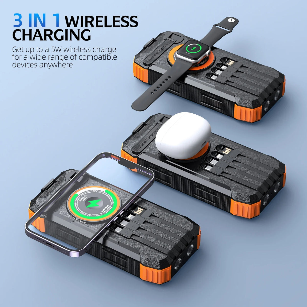 100000mAh Solar Hand Crank Power Bank, Magnetic Wireless Charger for iPhone/Watch/AirPods, LED Emergency Camping Gear