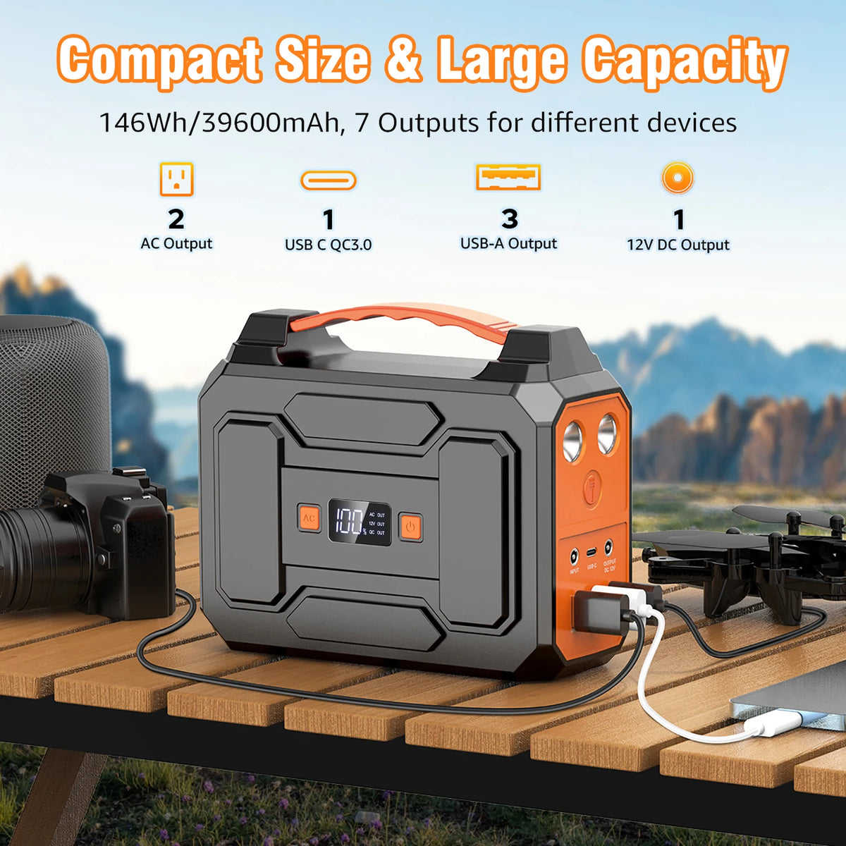 100W/146Wh Portable Power Station Solar Generator AC DC USB USB C Power Bank LED Flashlight For Laptop Phone Tablet Fan Camera Tent Camping Outdoor Trip Emergency Use