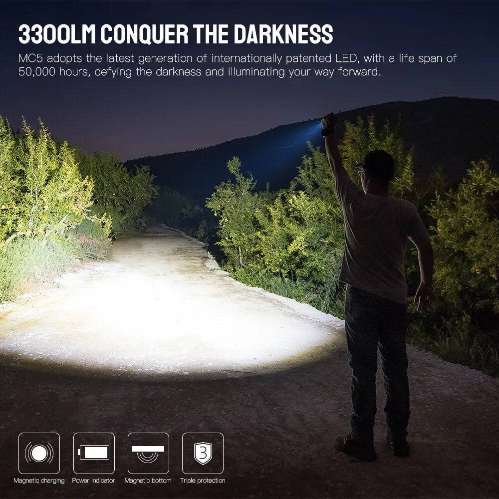 TrustFire MC5 3300LM EDC Flashlight Magnetic Waterproof Rechargeable LED Torch IP68 Camping Hiking Cycling Emergency Work Light Outdoor Self Defense Mini Torch
