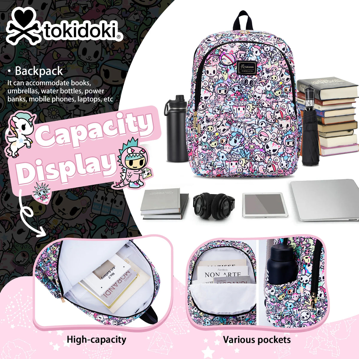 Tokidoki Travel Backpack for Women Shoulder Bag Unicorno Casual Daypack for Work Weekender Business Hiking