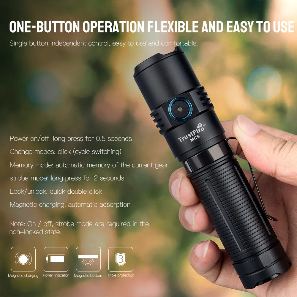 TrustFire MC5 3300LM EDC Flashlight Magnetic Waterproof Rechargeable LED Torch IP68 Camping Hiking Cycling Emergency Work Light Outdoor Self Defense Mini Torch