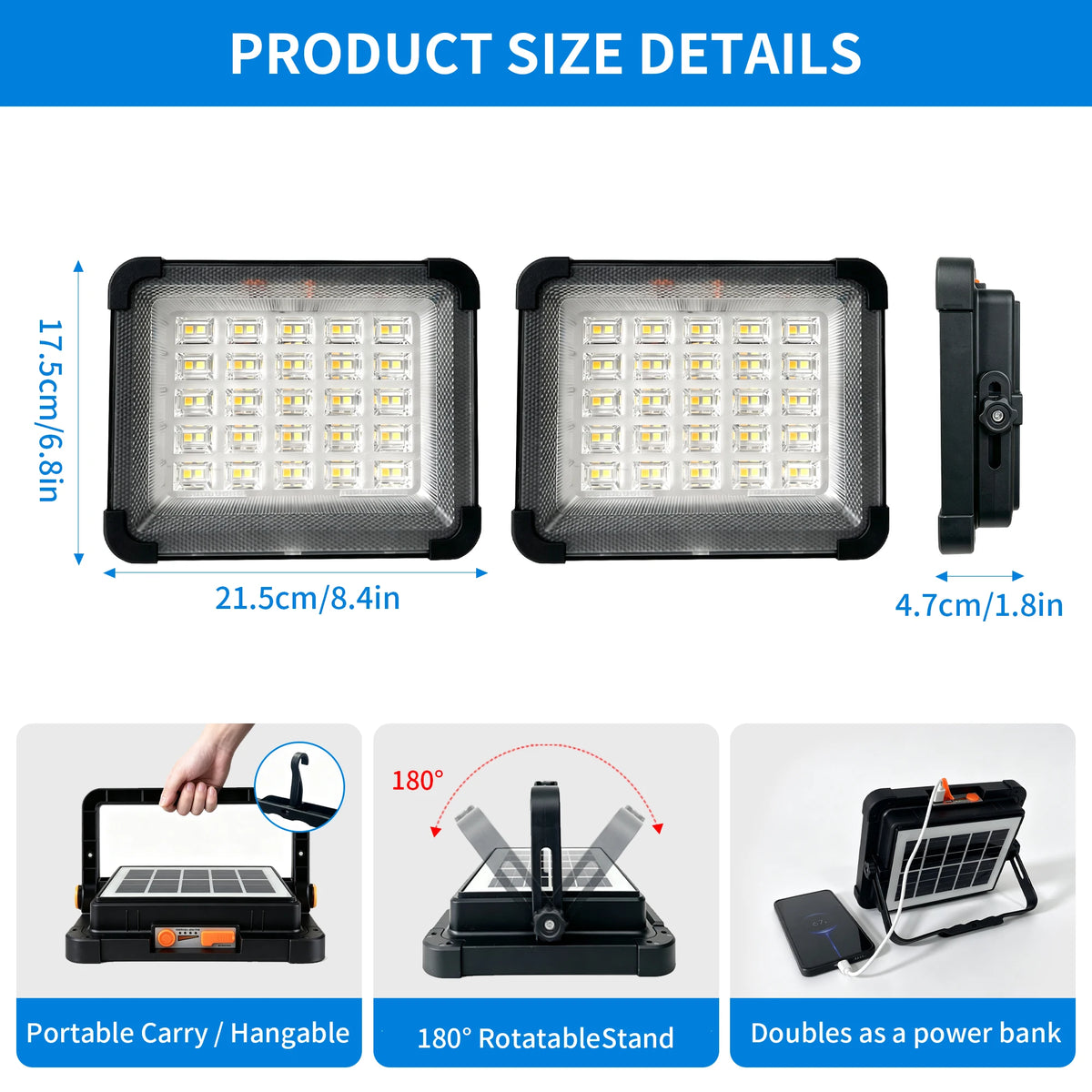 Outdoor Portable LED Solar Floodlight Rechargeable 500W Spotlight Lantern Suitable for Emergency Lighting Camping Searchlight