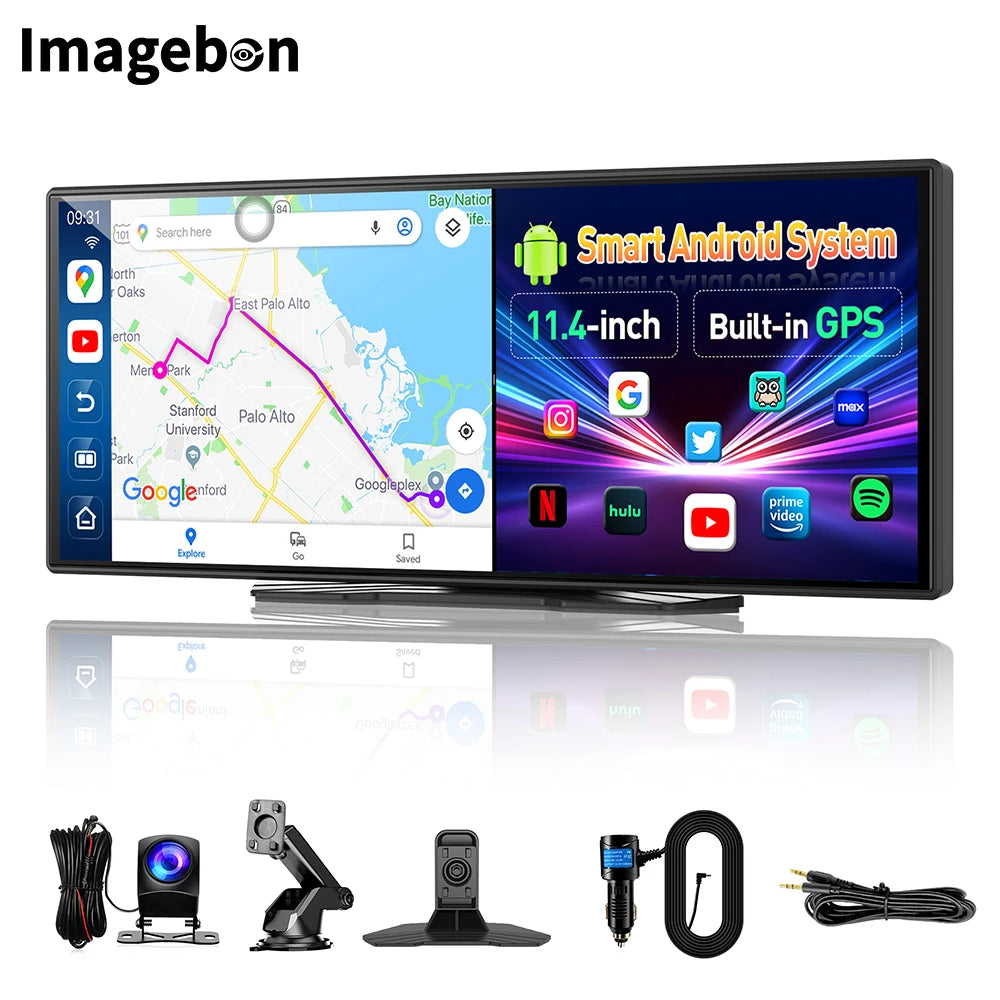 Imagebon 11.4" Android 13 Rearview Mirror Camera with Wireless CarPlay & Android Auto Google Play Store GPS Navigation AI Voice Smart Screen