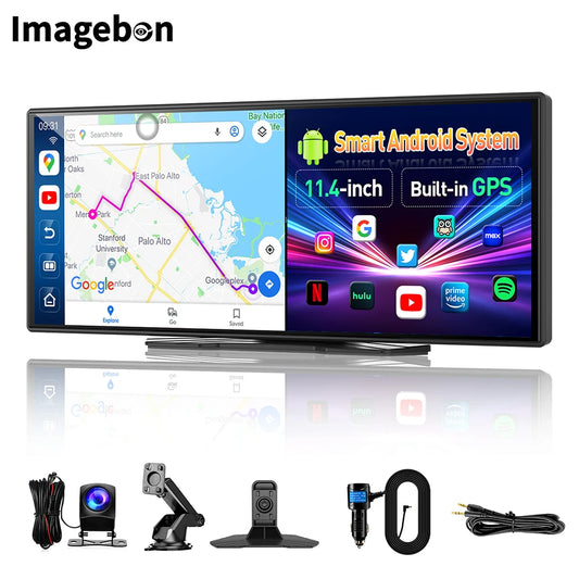 Imagebon 11.4" Android 13 Rearview Mirror Camera with Wireless CarPlay & Android Auto Google Play Store GPS Navigation AI Voice Smart Screen