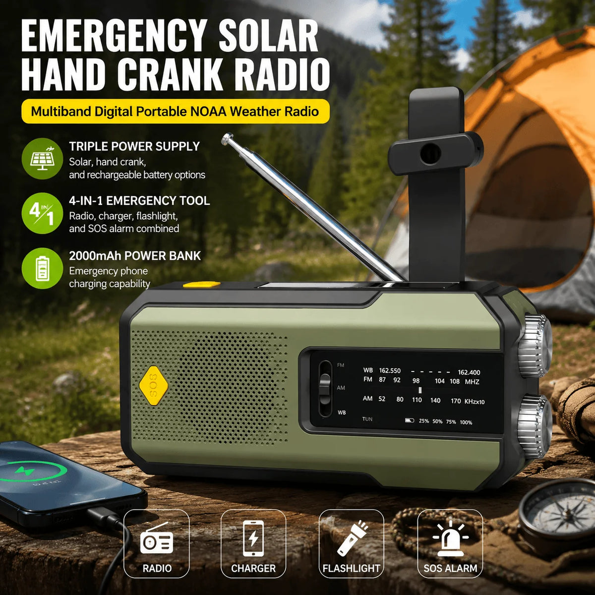 Emergency Solar Hand Crank Radio Multiband Digital Portable AM FM NOAA Weather Radio 2000mAh Power Bank Phone Charger LED Flashlight Torch Reading Light SOS Alarm Survival Gear for Camping Emergency Kit