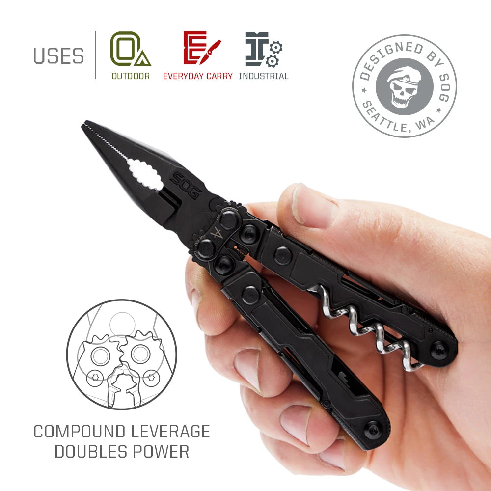 SOG PowerLitre 19 Functions Compact Multitool EDC 5 Inch Lightweight Stainless Steel Multifunctional Pliers W/ Folding Knife Wire Cutter Magnetic Bit Holder Corkscrew For Survival Hiking Home DIY Outdoor Emergency Repair Port