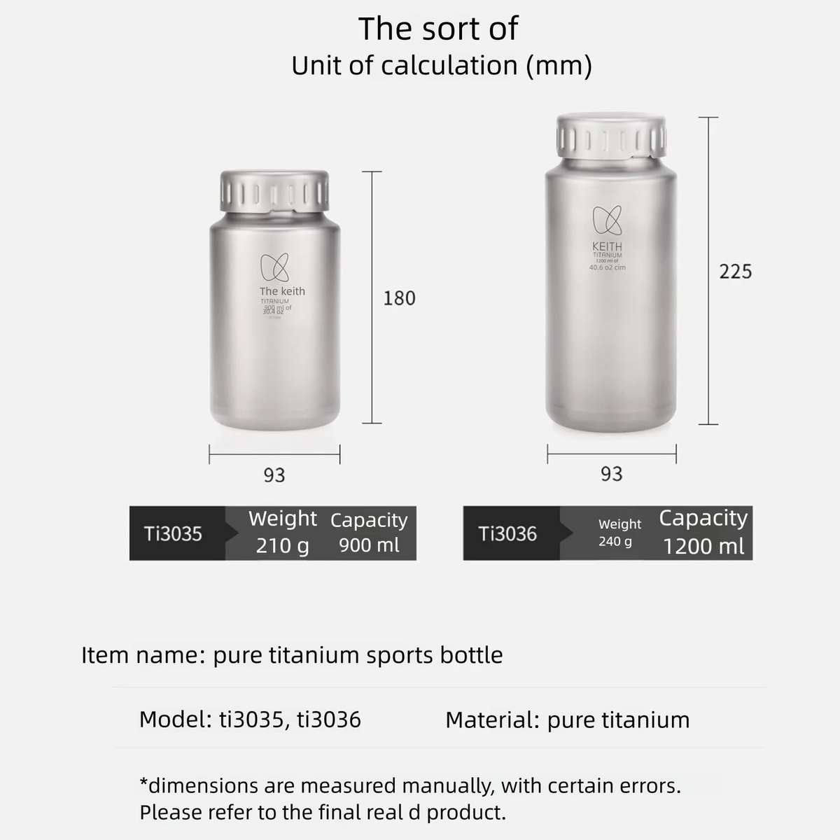 Keith Titanium Sports Bottle 900ml/1200ml Ultralight Leakproof Water Bottle, Wide Mouth Healthy Drinking Cup for Camping Hiking