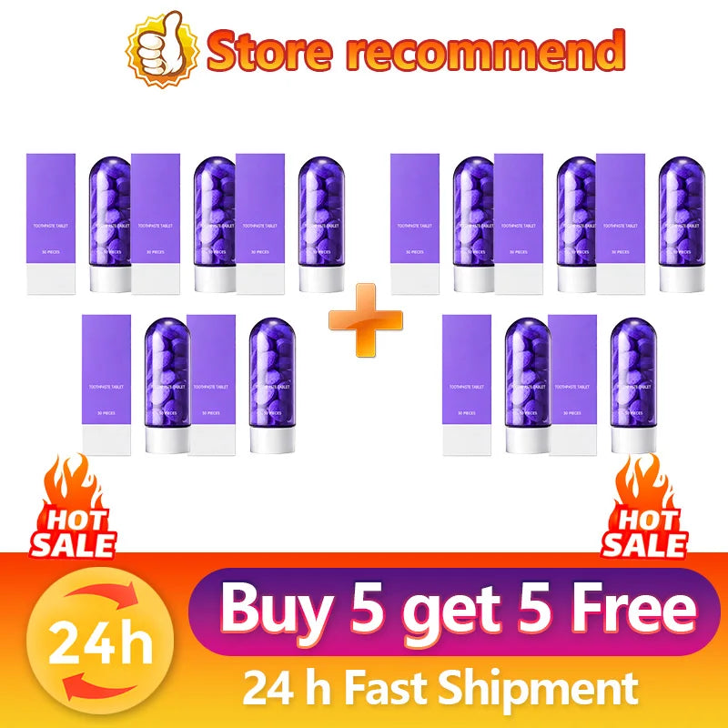 Purple Teeth Whitening Tablets 30 Pcs – Removes Stains & Plaque, Mint Flavor, Deep Cleaning, Portable Oral Care