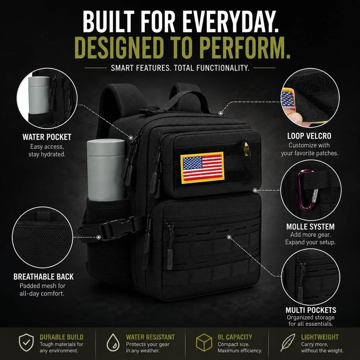 9L Mini Tactical Backpack Small Military Gym Bag Molle Daypack Camping Backpack with Patch