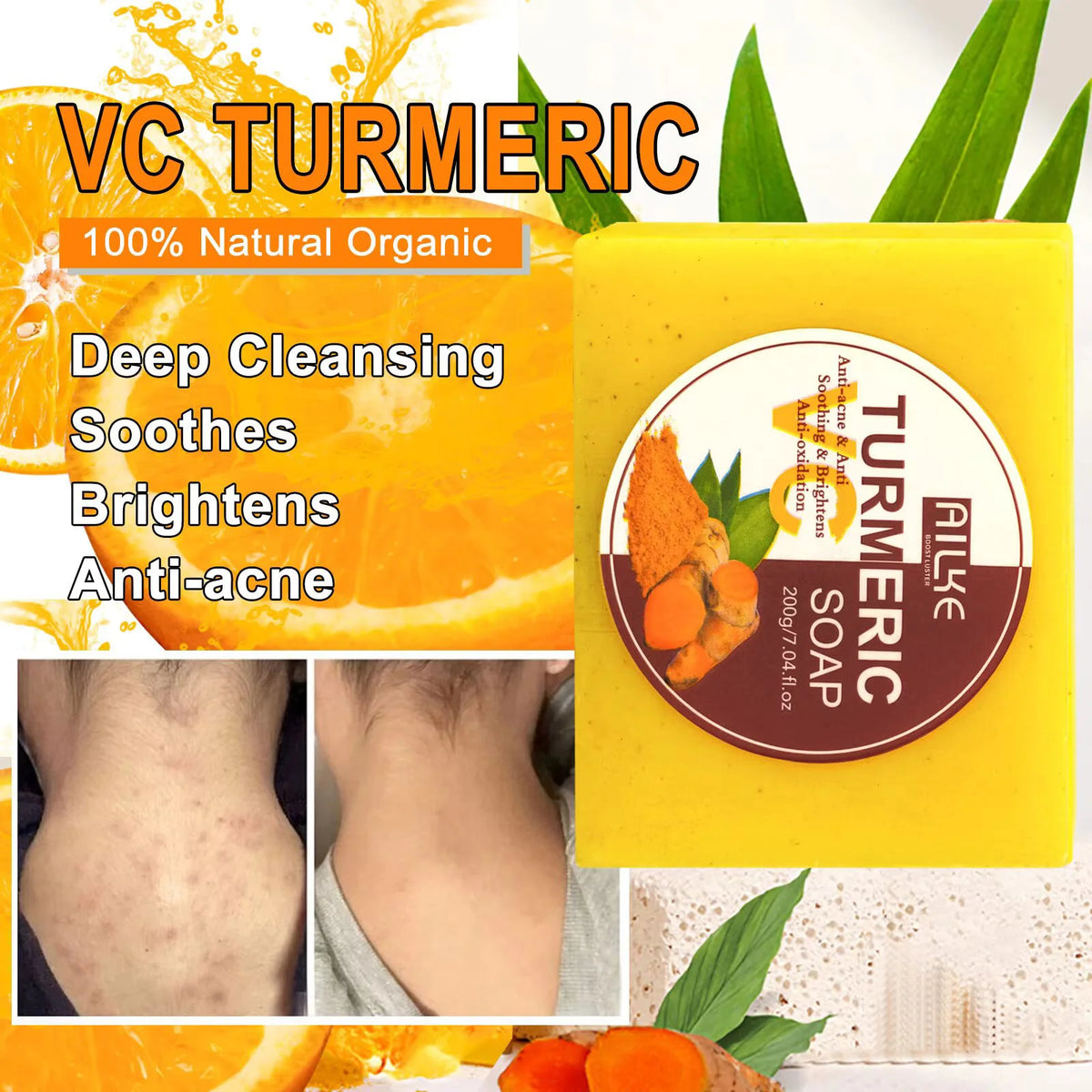 AILKE Natural Turmeric Bath Soap for Face, Body, Hands, Lightening, Cleaning, Even Skin Tone, Anti Dark Spots and Acne, 200g