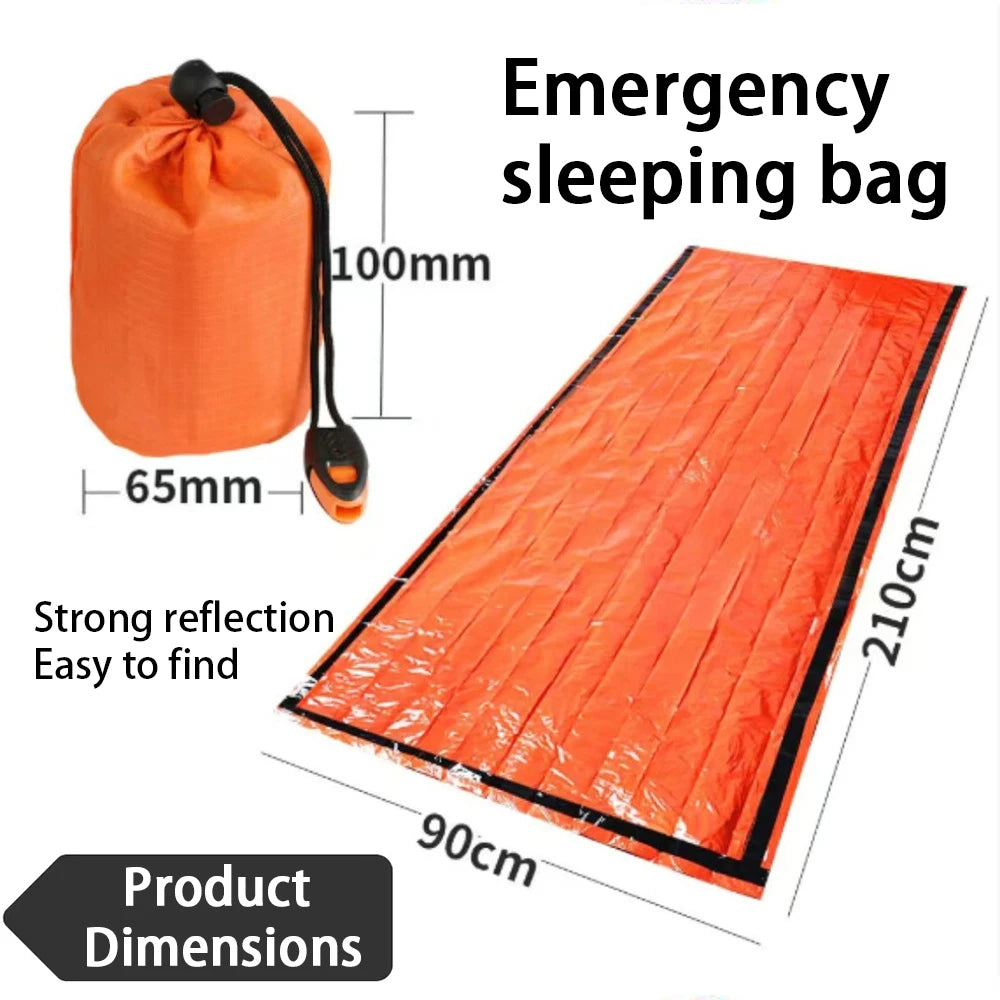Outdoor Emergency Thermal Sleeping Bag PE Aluminized Film Survival Bivvy Windproof Heat Reflective Rescue Blanket with Whistle