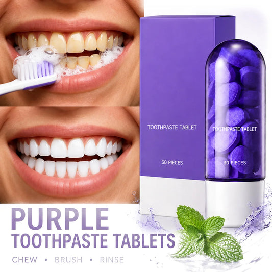 Purple Teeth Whitening Tablets 30 Pcs – Removes Stains & Plaque, Mint Flavor, Deep Cleaning, Portable Oral Care