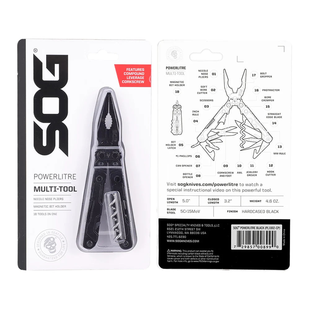 SOG PowerLitre 19 Functions Compact Multitool EDC 5 Inch Lightweight Stainless Steel Multifunctional Pliers W/ Folding Knife Wire Cutter Magnetic Bit Holder Corkscrew For Survival Hiking Home DIY Outdoor Emergency Repair Port