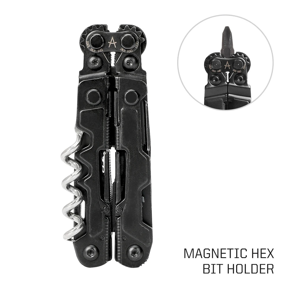 SOG PowerLitre 19 Functions Compact Multitool EDC 5 Inch Lightweight Stainless Steel Multifunctional Pliers W/ Folding Knife Wire Cutter Magnetic Bit Holder Corkscrew For Survival Hiking Home DIY Outdoor Emergency Repair Port