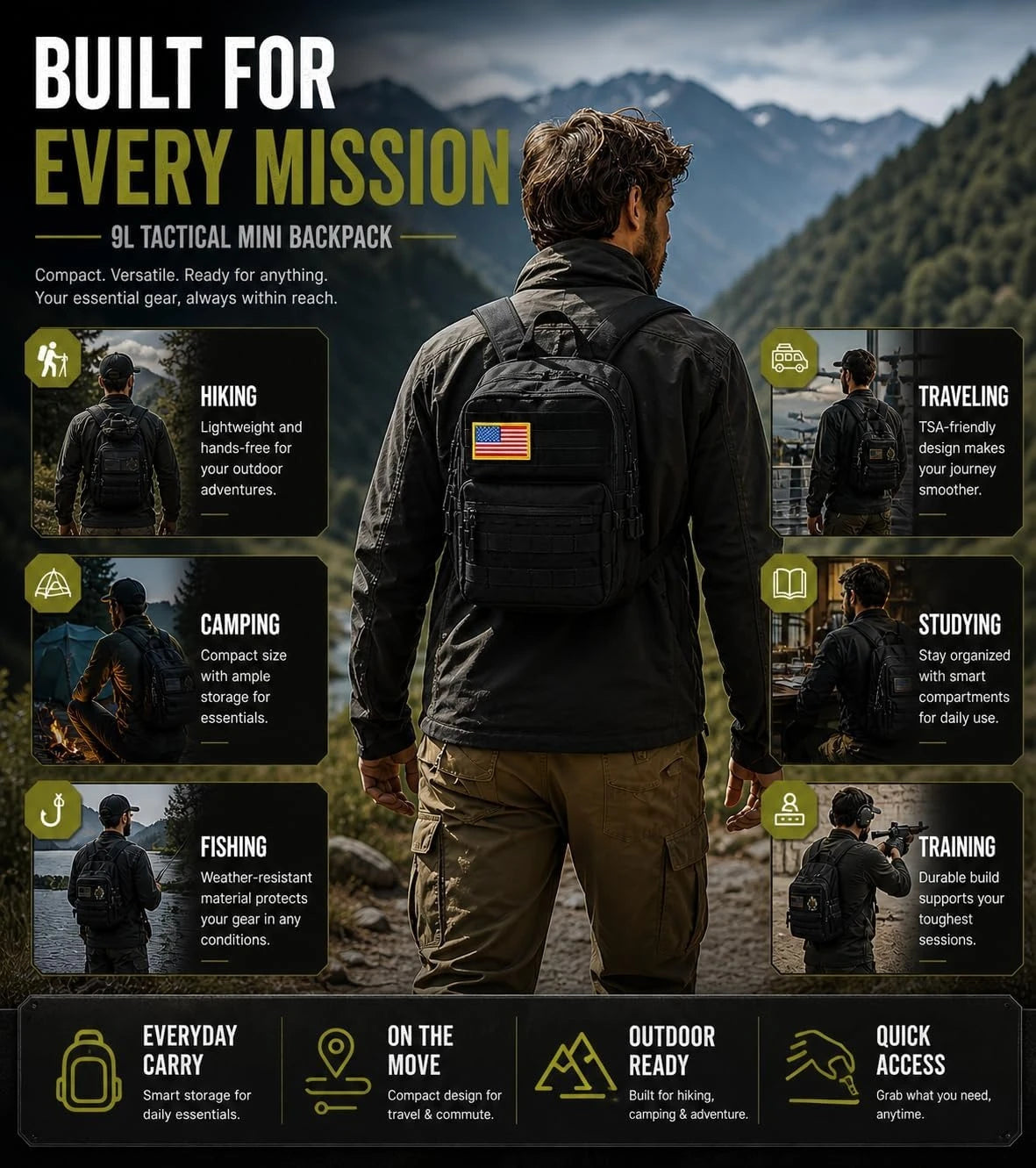 9L Mini Tactical Backpack Small Military Gym Bag Molle Daypack Camping Backpack with Patch