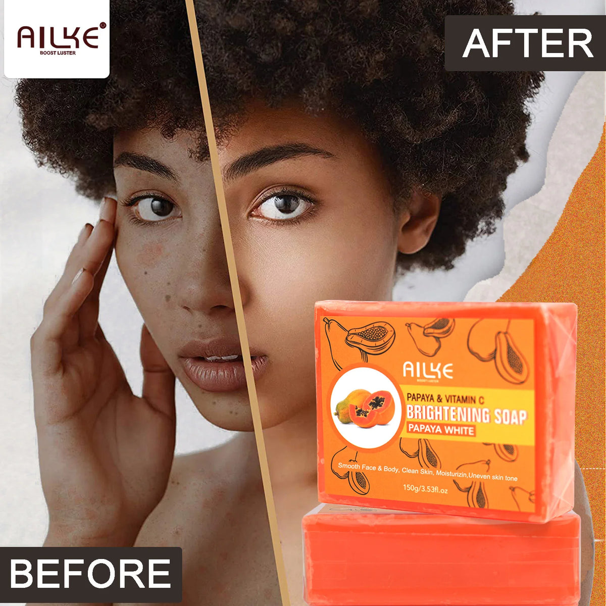 AILKE Skin Whitening Handmade Soap -Organic Papaya Soap For Black Spots, Clean Stains, Improves Dull Skin, Face & Body & Hands
