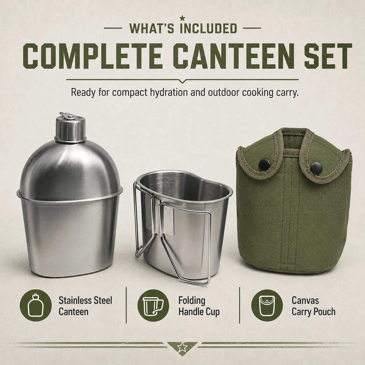 1L Military Tactical Canteen Bottle with Pouch, Outdoor Army Water Kettle for Camping, Hiking, Backpacking, Survival Gear