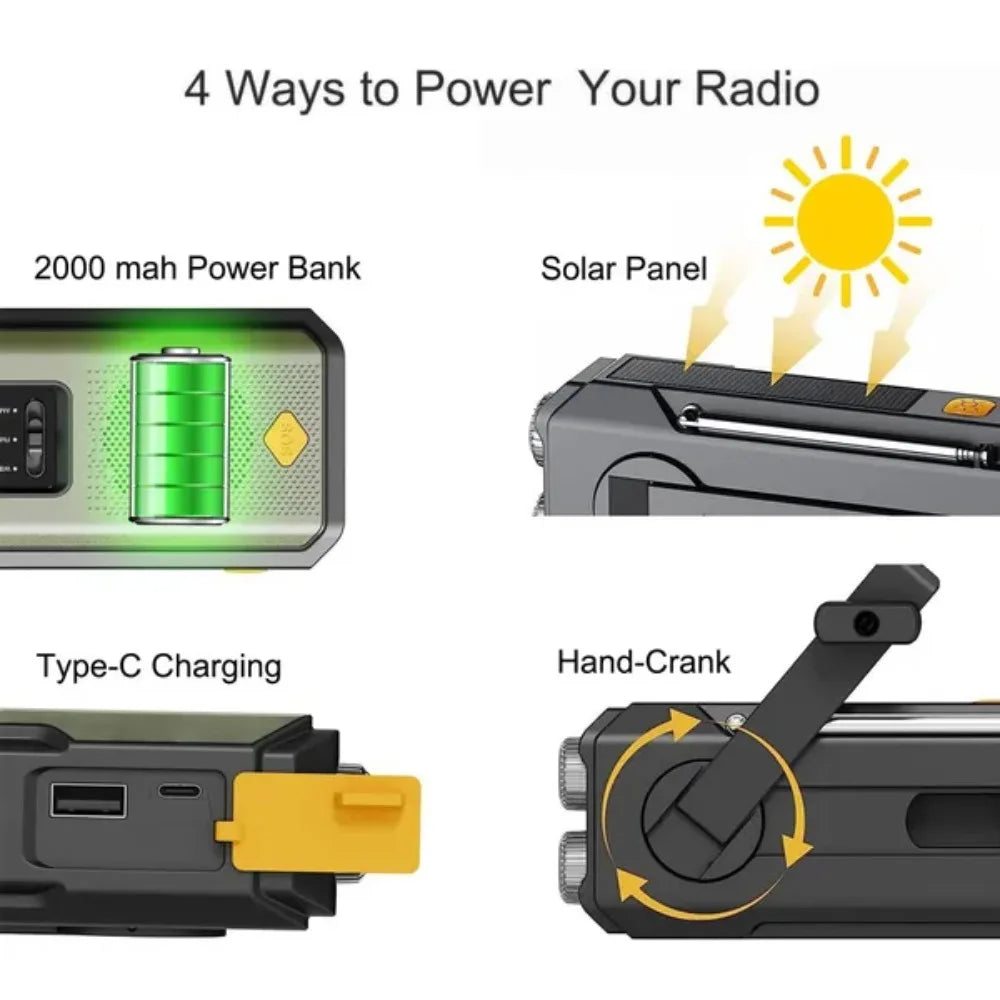 Emergency Solar Hand Crank Radio Multiband Digital Portable AM FM NOAA Weather Radio 2000mAh Power Bank Phone Charger LED Flashlight Torch Reading Light SOS Alarm Survival Gear for Camping Emergency Kit