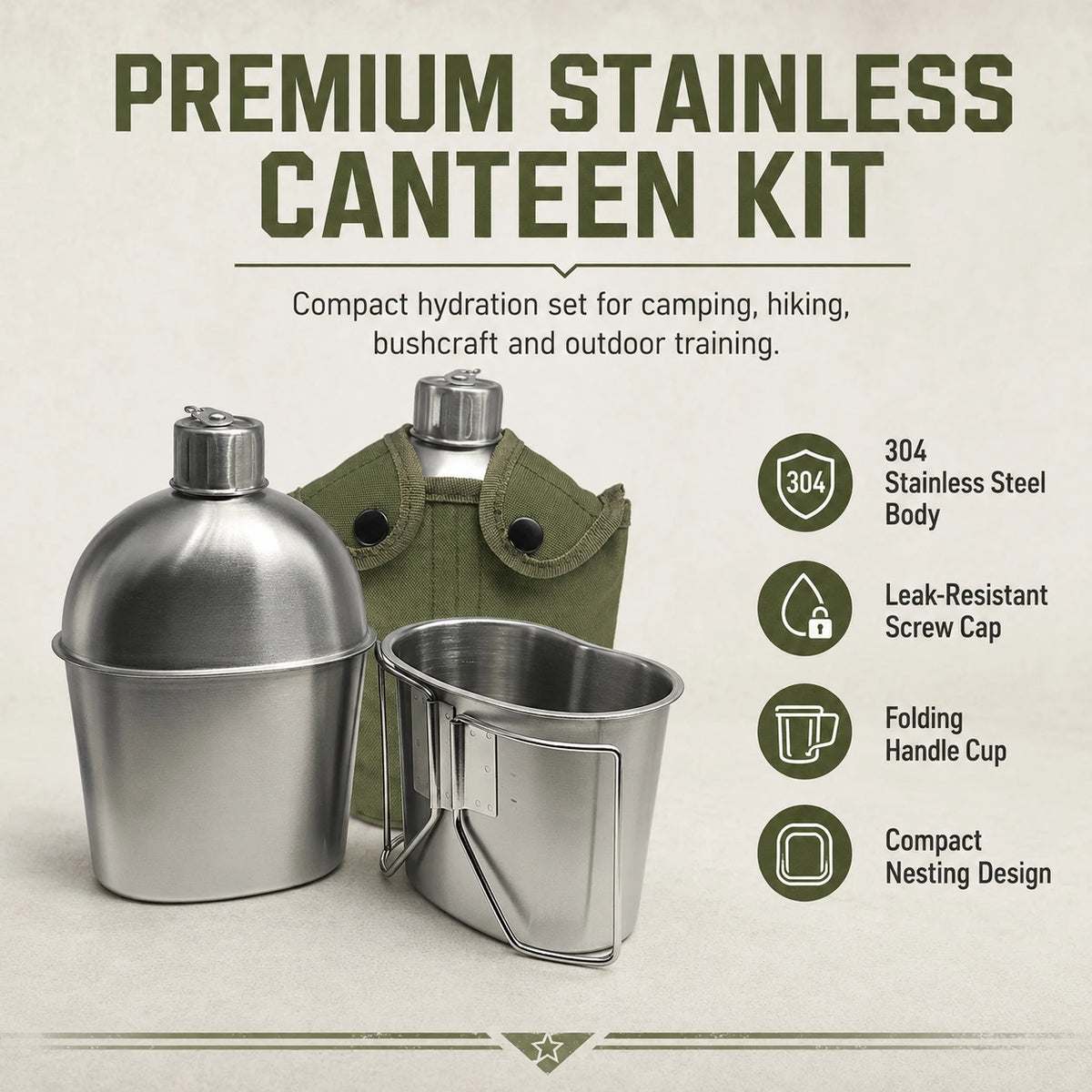 1L Military Tactical Canteen Bottle with Pouch, Outdoor Army Water Kettle for Camping, Hiking, Backpacking, Survival Gear