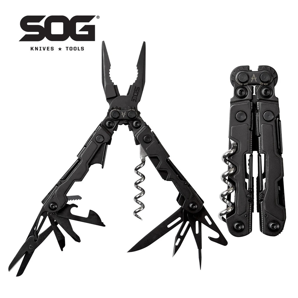 SOG PowerLitre 19 Functions Compact Multitool EDC 5 Inch Lightweight Stainless Steel Multifunctional Pliers W/ Folding Knife Wire Cutter Magnetic Bit Holder Corkscrew For Survival Hiking Home DIY Outdoor Emergency Repair Port