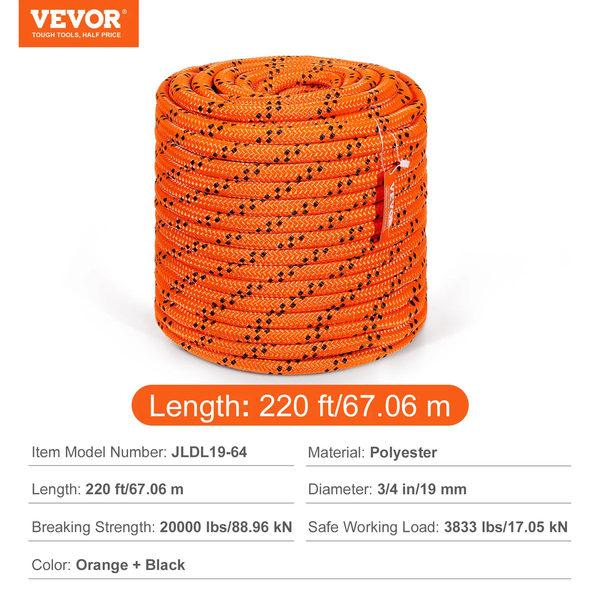 SucceBuy 220ft Dual-Weave Polyester Rope 48-Strand Outdoor Accessories Emergency Cord for Camping Swinging Rappelling Rescue