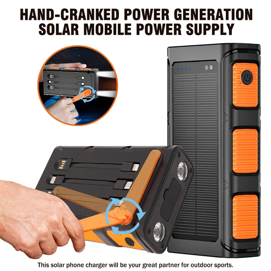 20000mAh Portable Solar Power Bank 20W Fast Charging USB C Hand-Crank Generator Dual LED Flashlights for Outdoor Camping Hiking