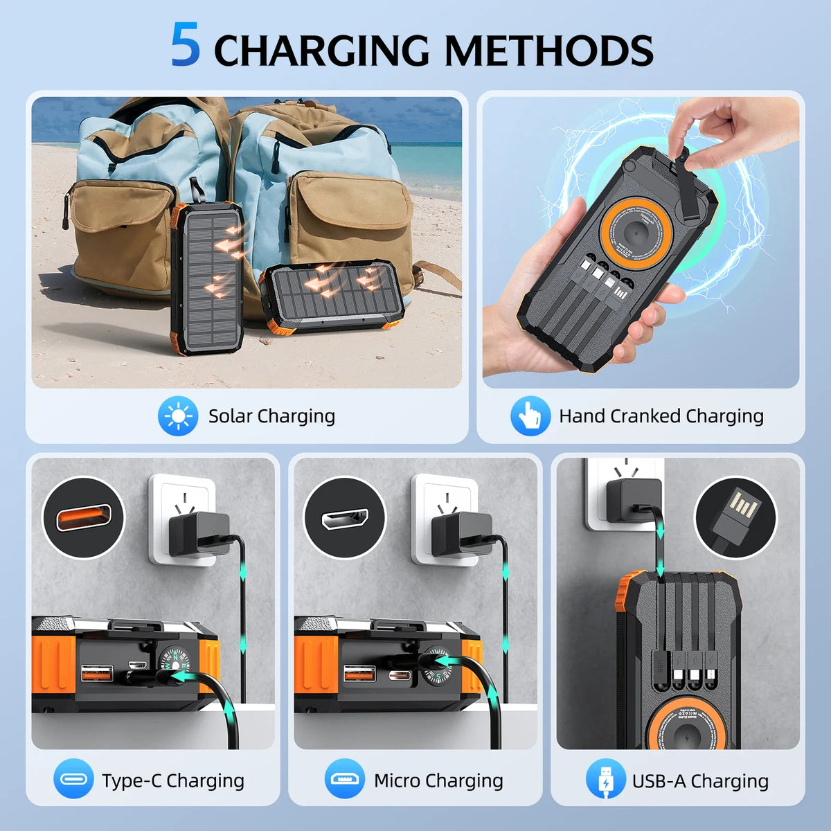 100000mAh Solar Hand Crank Power Bank, Magnetic Wireless Charger for iPhone/Watch/AirPods, LED Emergency Camping Gear