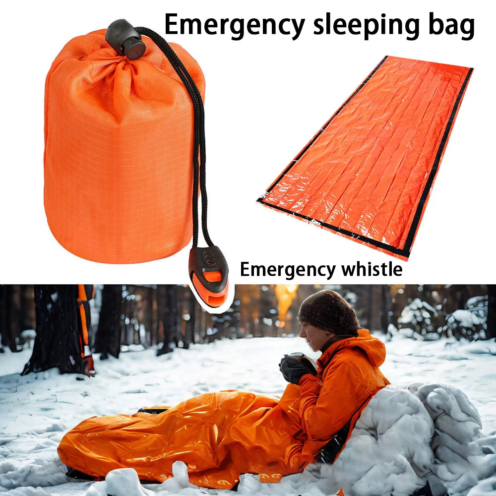 Outdoor Emergency Thermal Sleeping Bag PE Aluminized Film Survival Bivvy Windproof Heat Reflective Rescue Blanket with Whistle