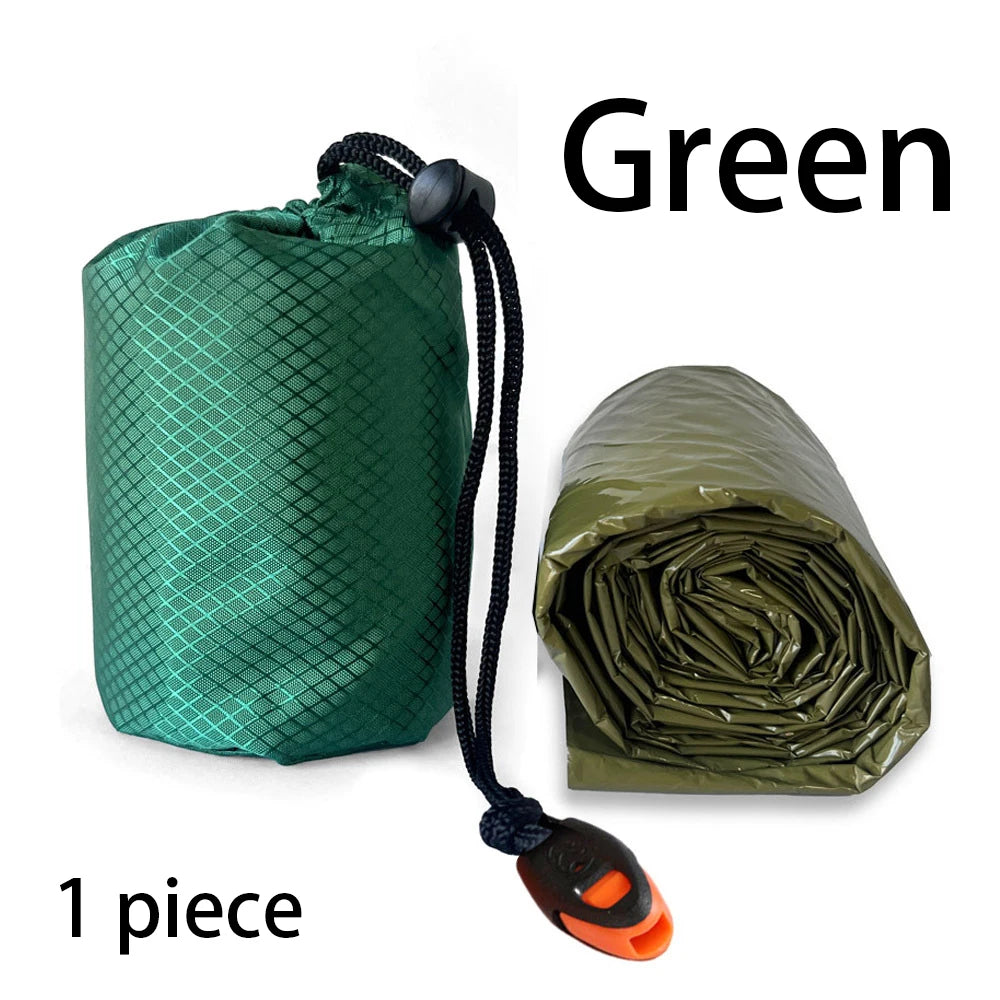 Outdoor Emergency Thermal Sleeping Bag PE Aluminized Film Survival Bivvy Windproof Heat Reflective Rescue Blanket with Whistle