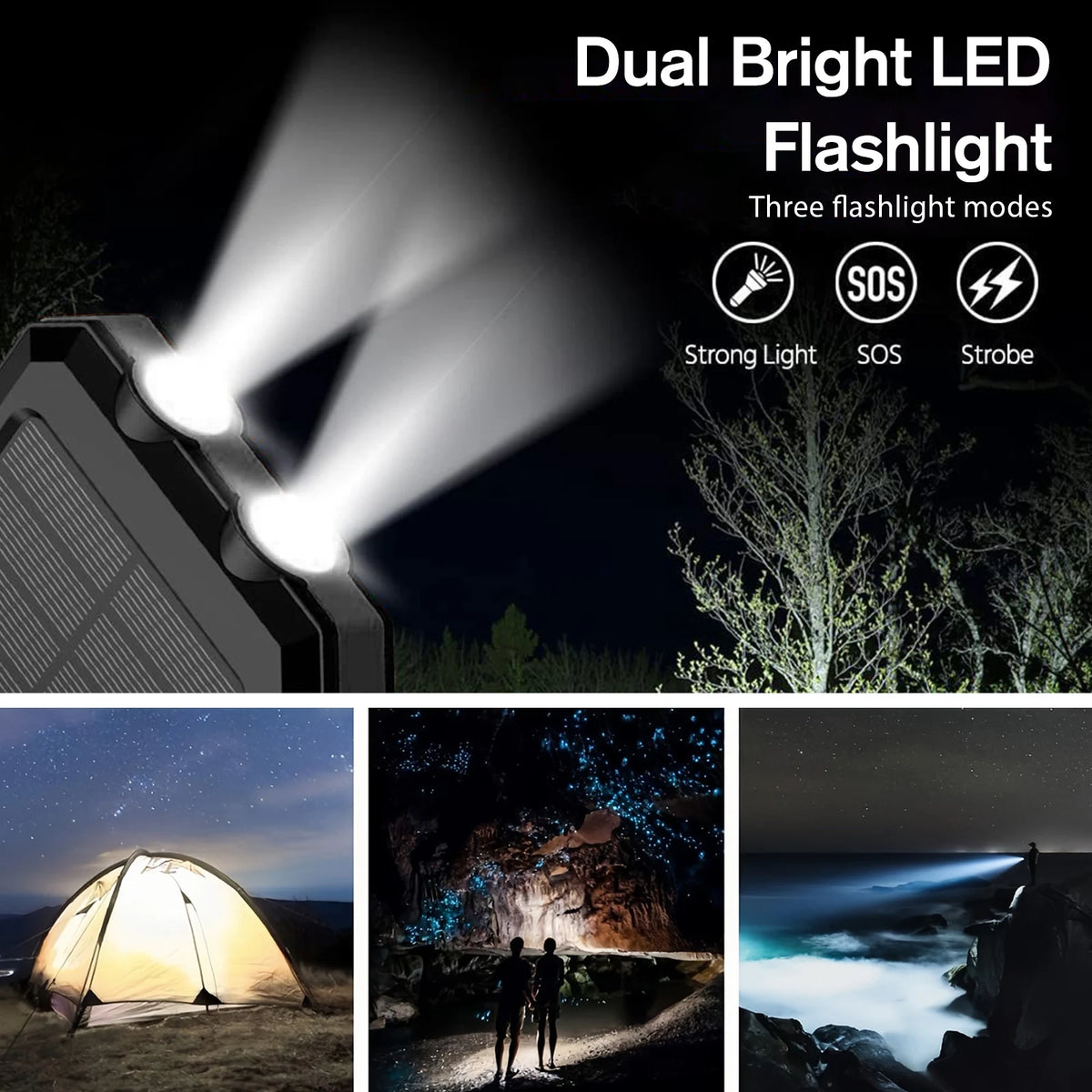 30000mAh Solar Power Bank Portable Dual 5V USB Ports 2 LED Light Flashlight Fast Charging for iPhone Samsung Tablets