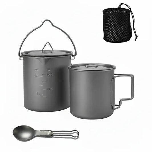 Titanium Camping Cookware Set with Folding Mug (420ml/750ml) and 750ml Pot, Lightweight Portable Outdoor Kit for Hiking Backpack