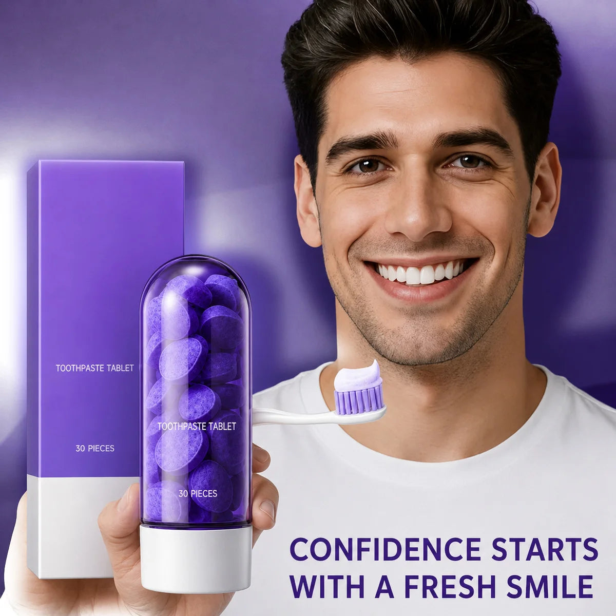 Purple Teeth Whitening Tablets 30 Pcs – Removes Stains & Plaque, Mint Flavor, Deep Cleaning, Portable Oral Care